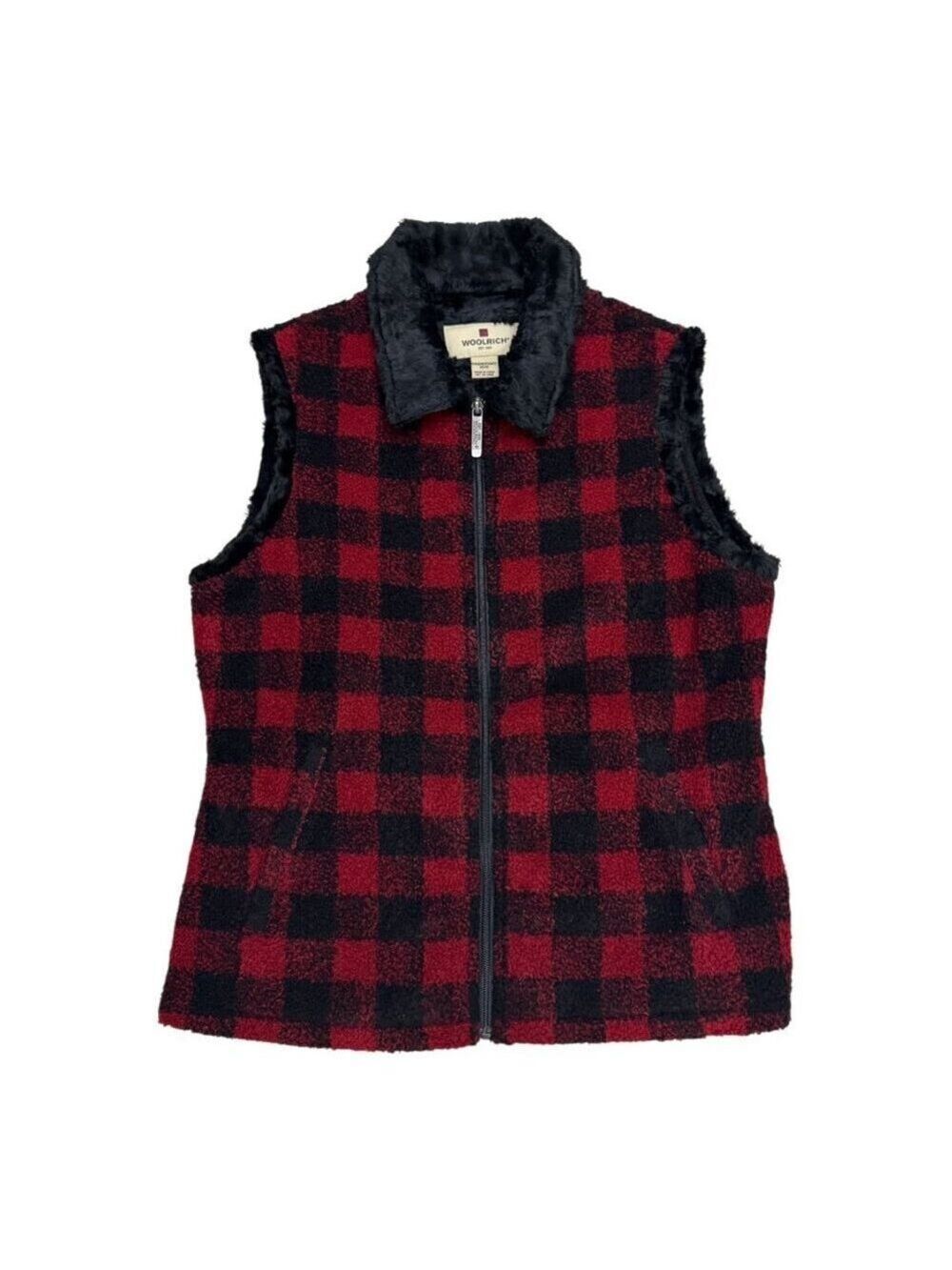 WOOLRICH Vest Vintage Y2K Plaid Red Faux Fur Designer Outdoor Womens Medium